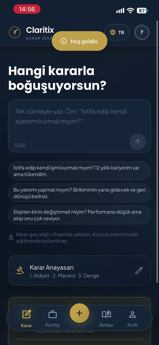 Claritix karar sorusu ekranı